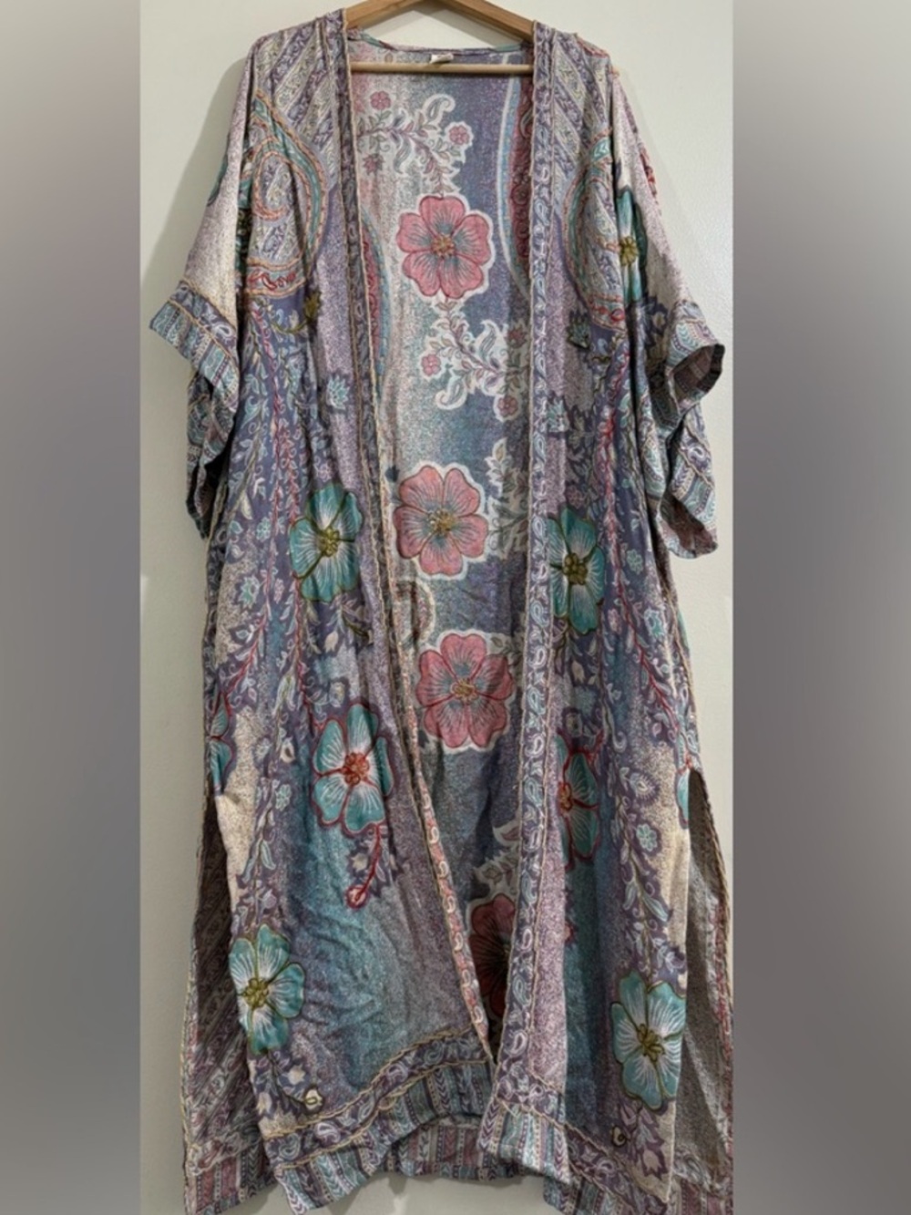 Raj Pastel Floral Patchwork Long Kimono - Pink, Green, Cream - Picture 5 of 6
